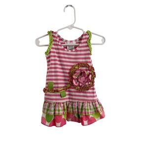Bonnie Baby Dress 12M Pink Striped Ruffle Flower Mixed Print Baby Girl